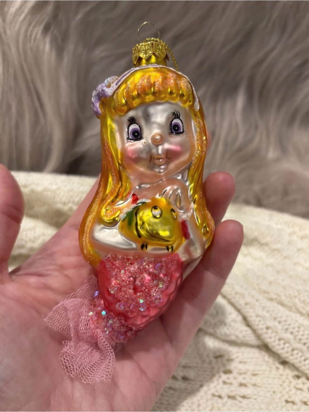 Hand-Blown Glass Mermaid Ornament in Pink and Gold